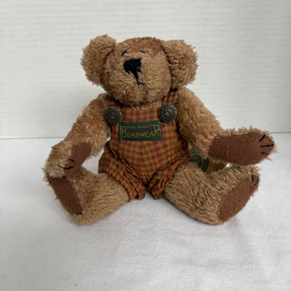 Boyds Bears Bearwear‎ Plush Stuffed Animal Orange Plaid Overalls Collectible